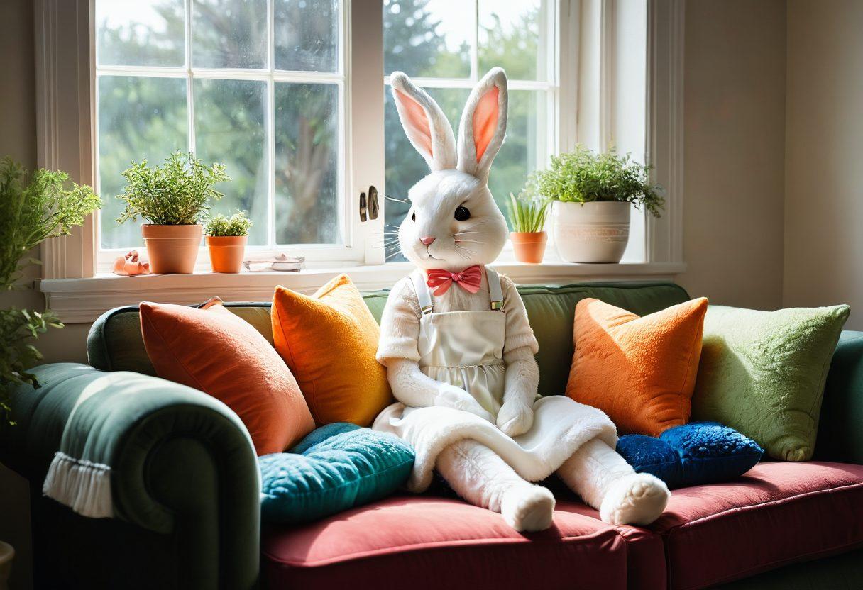 A cozy living room where a bunny girl with fluffy ears sits on a plush sofa, surrounded by various rabbit toys and accessories. Sunlight streams through a window, illuminating her joyful expression as she gently cuddles a small rabbit in her lap. Colorful cushions and rabbit-themed decor emphasize a warm and inviting atmosphere. Include elements of care, like carrots and a grooming brush nearby. whimsical illustration. vibrant colors. soft textures.