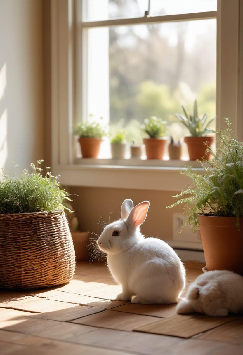 A warm and inviting scene featuring a female rabbit owner gently caring for her fluffy rabbit in a cozy living room, surrounded by various rabbit care items like hay, food bowls, and toys. The sunlight streams through a window, casting soft shadows on the floor, while the rabbit looks content and playful. Include a small wall calendar marked with rabbit care tips and a faint outline of a garden in the background. super-realistic. soft colors. warm ambiance.