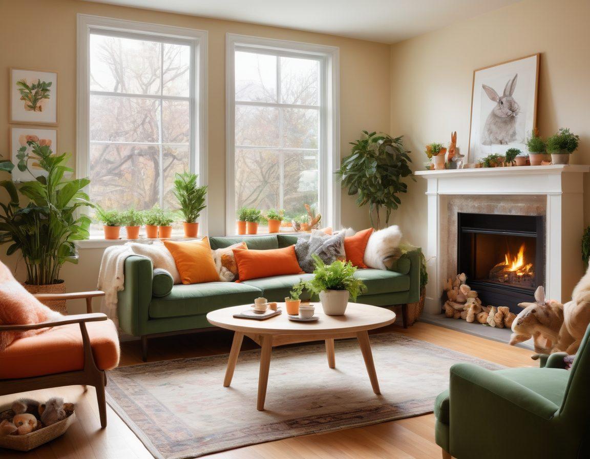 A warm and inviting scene of a cozy living room filled with energetic rabbits playing around, with a diverse group of smiling people sharing stories and smiles. The room is decorated with rabbit-themed art and vibrant green plants, creating a friendly atmosphere. Include a coffee table with carrot snacks and a laptop displaying a video call of more rabbit lovers. The light is soft and natural, enhancing the communal vibe. super-realistic. vibrant colors. cozy setting.